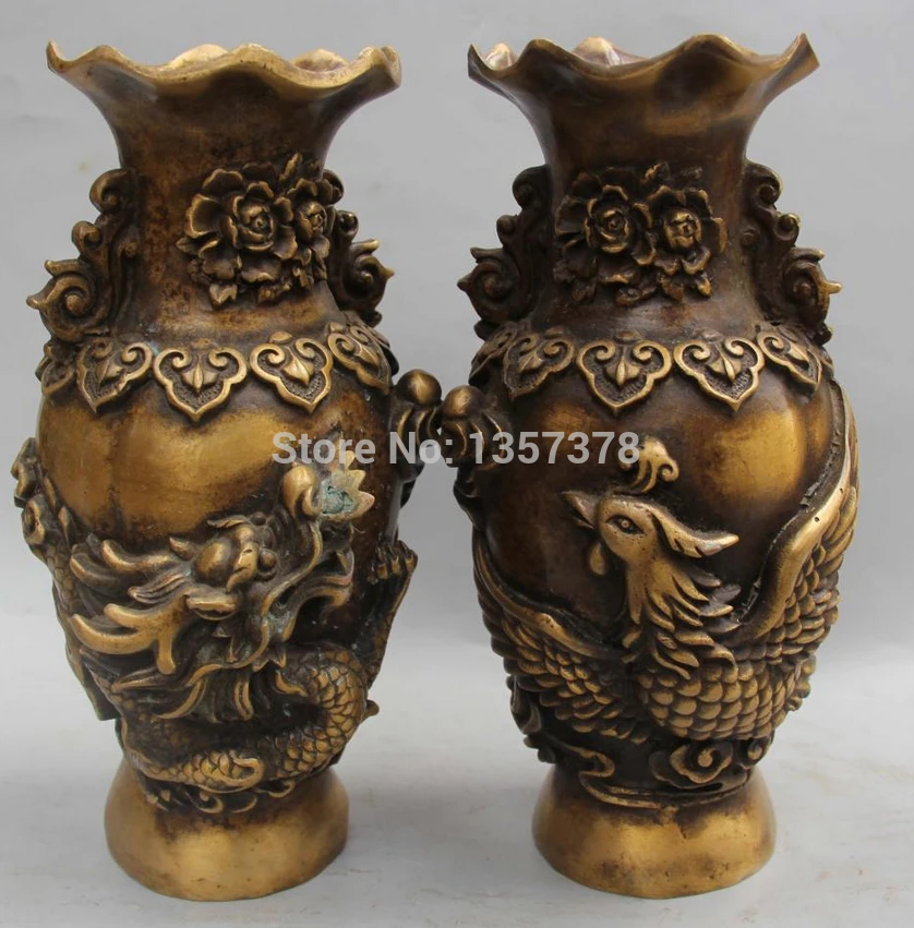 

shitou 00512 10"Marked China Bronze The flower Ben Dragon Phoenix Vase Bottle Pot Pair Statue