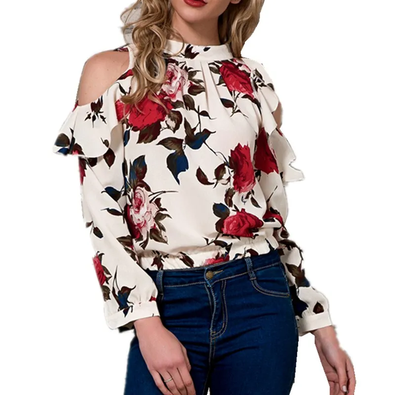 hirigini Fashion Office Lady Tops Ruffle Floral Blouses 2018 New Women Casual long Puff Sleeve Frill Trim Calico Print Blouse | Женская