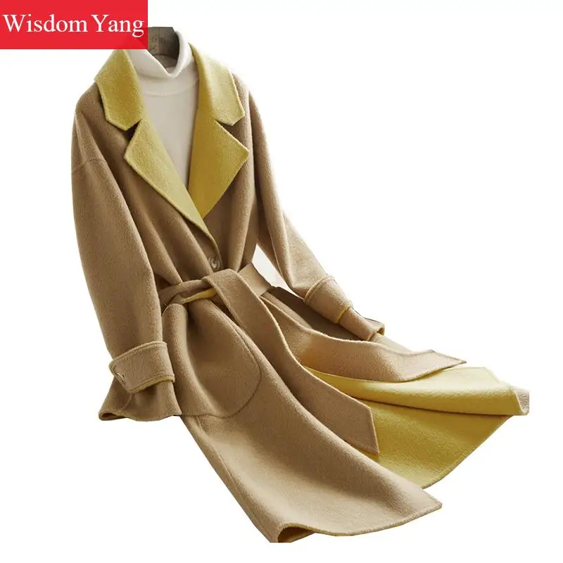 

Winter Warm Yellow Camel Coat Sheep Wool Coats Women Korean Oversize Long Woolen Female Belt Overcoat Casual Ladies Outerwear