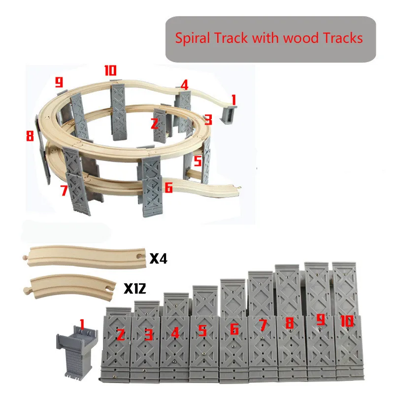 

EDWONE--10PCS Plastic Spiral Tracks Train Track Railway Accessories Track Bridge Piers 26PCS With Wooden Tracks Fit Thomas Biro