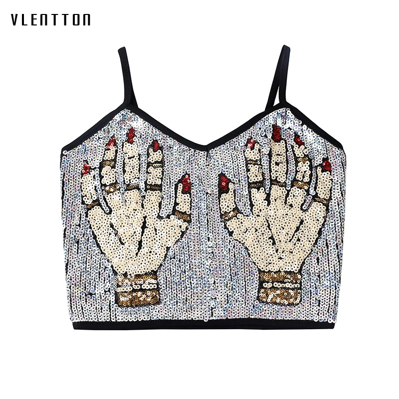 

2019 New Sexy Sling Tank Women V-Neck Backless Sequins Women's Underwear Bustier Spring summer Short Black Silver Camis Tank Top