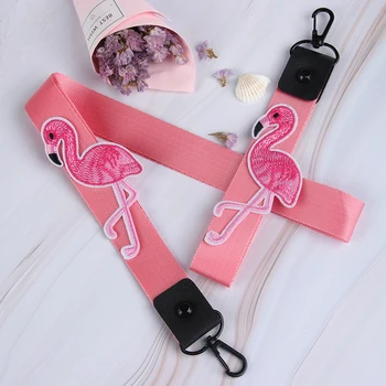 

1PC Pink Ribbon Flamingo Lanyard Bag Purse Handbag Pendent Women Hanging Neck Phone Embroidery Knitted Ropes Bag Accessories