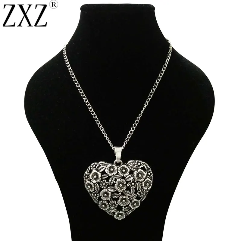 

ZXZ LARGE ANTIQUE SILVER ABSTRACT METAL HEART SHAPE PENDANT LONG CURB CHAIN LAGENLOOK NECKLACE 34"