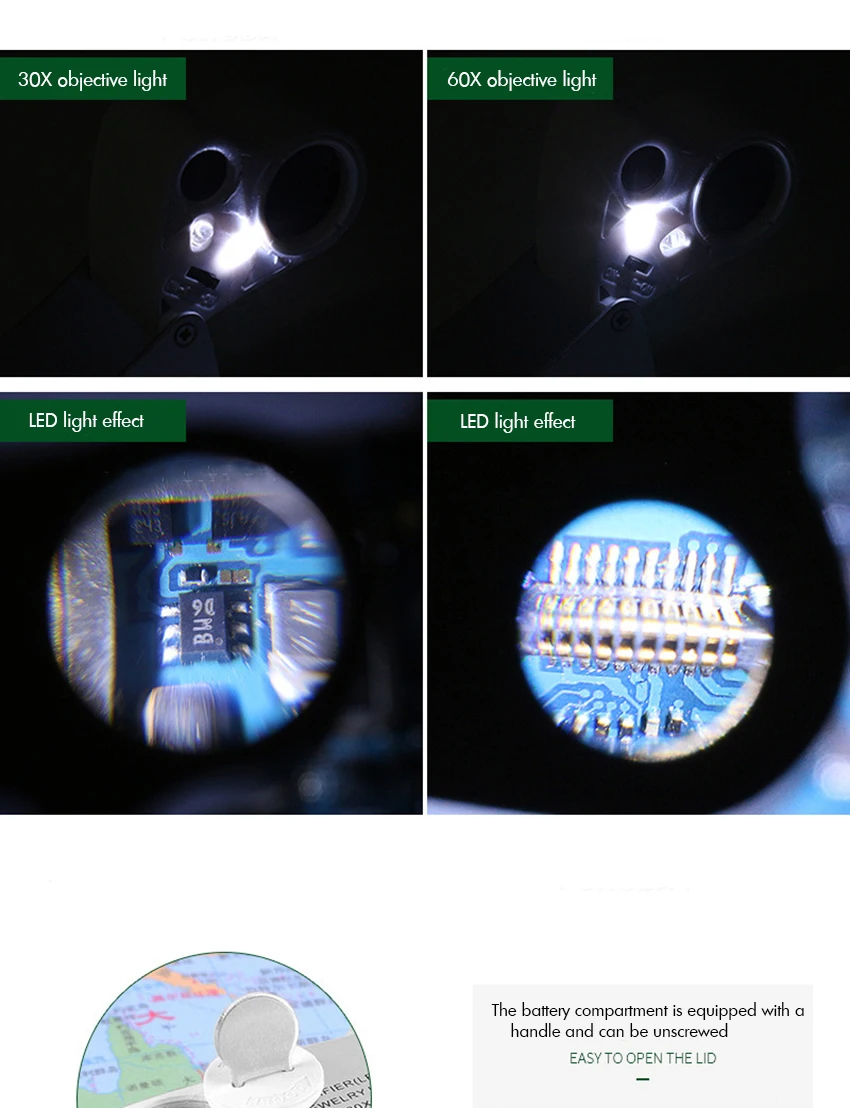 30X 60X портативный двойной светодиодный фонарь лупа объектива карманное складывающееся увеличительное стекло ювелирное глазное Лупа с алюминиевой оболочкой