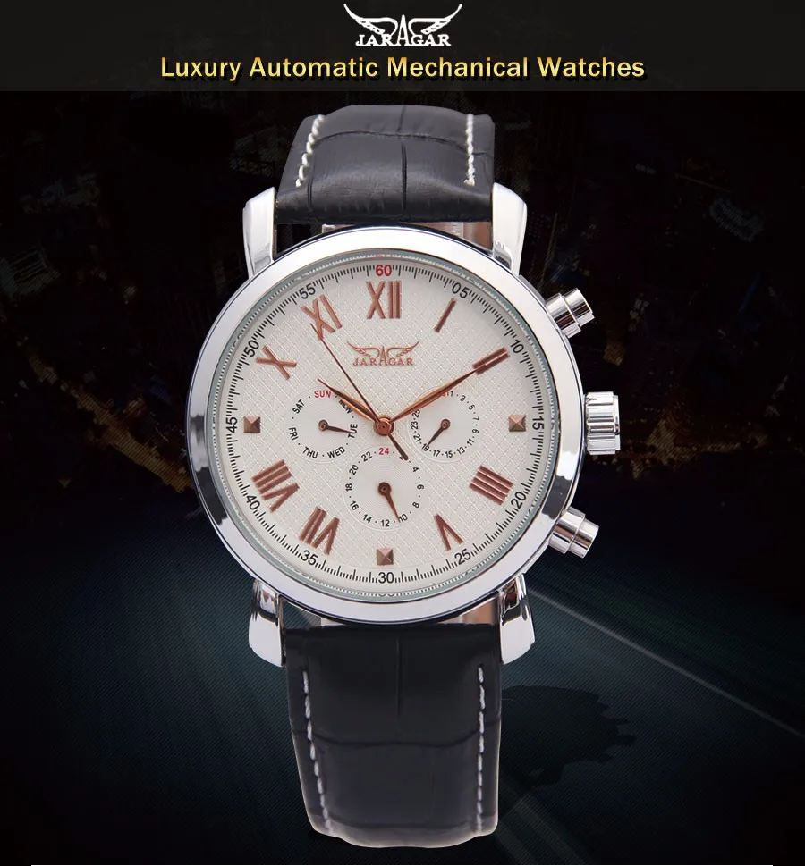 JARAGAR Мужские механические часы Брендовые спортивные мужские автоматические 6 рук из натуральной кожи ремешок часы черные ручные часы для мужчин