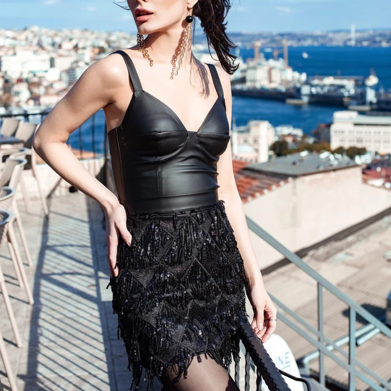 

Sexy Women Summer Black Fringe Dress Ladies Sleeveless V-neck Short Dress Korean OL Office Sequin Party Dress Vestidos 2019
