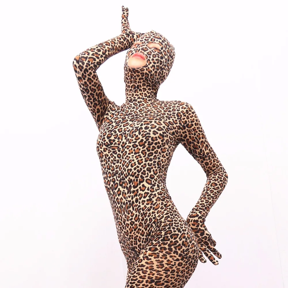 (MS011) Women sexy lycra cotton spandex wild leopard bodysuit pattern fetish catsuit/tights with open eyes/mouth