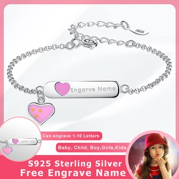 

925 Sterling Silver Pink Enamel Heart Charm Bracelet Initial Personalized Engraved Name Kids Bracelet for Girls Custom Jewelry