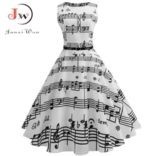 Vintage müzik not baskı pilili elbise kadın yaz Vintage 50s 60s Retro Hepburn büyük salıncak elbise parti elbiseler seksi artı boyutu