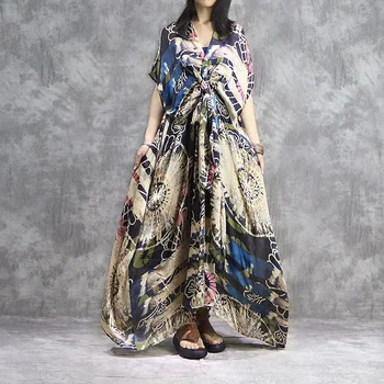 

2019 Summer Literary Retro Silk Printed V-neck Dress + Silk Cotton Sling Two-piece Set Lady Elegant Loose Casual XL-01