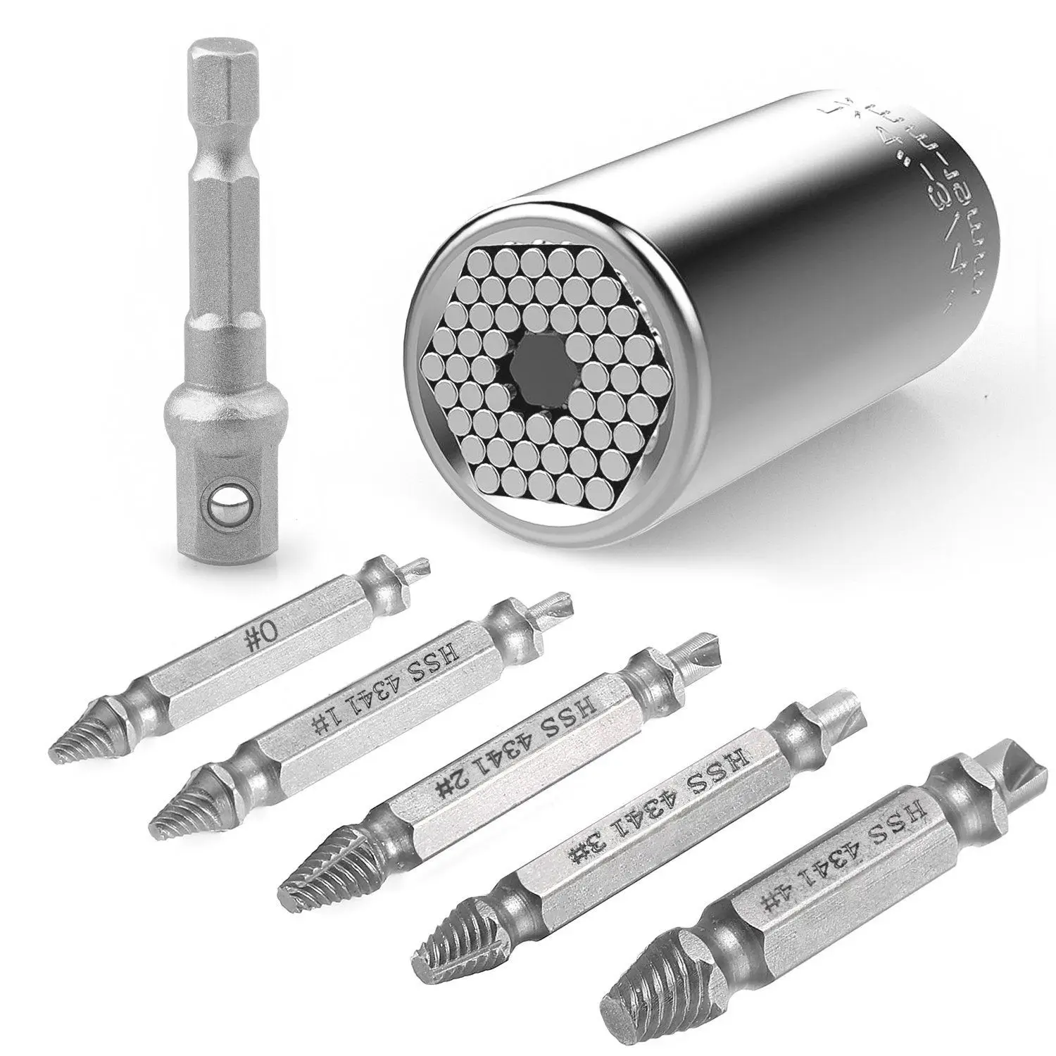 

Universal Socket Damaged Screw Extractor Set, Multi-function 7mm-19mm Universal Socket Adapter Wrench with 5 Pcs Damaged Screw