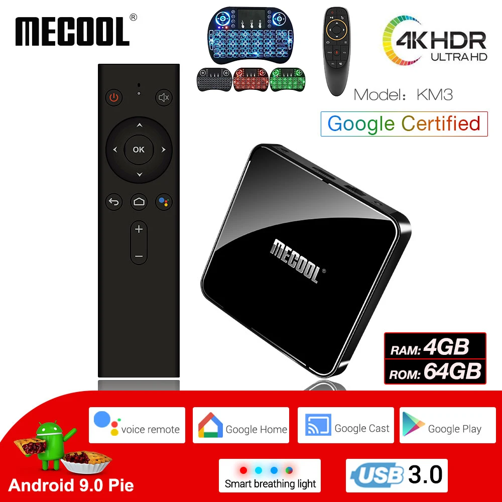 MECOOL KM3 Android 9,0 Smart tv Box 4G DDR4 64G 4 K HDR Google Home Play Cast Ультра HD tv Box USB 3,0 медиаплеер Голосовое управление