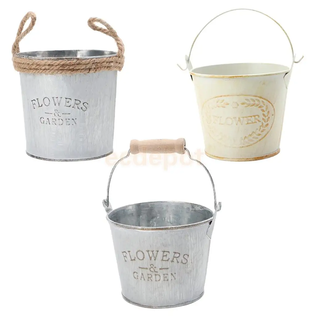 3pcs Garden Metal Flower Pot Wall Hanging Tin Baskets Bucket Plant Herb