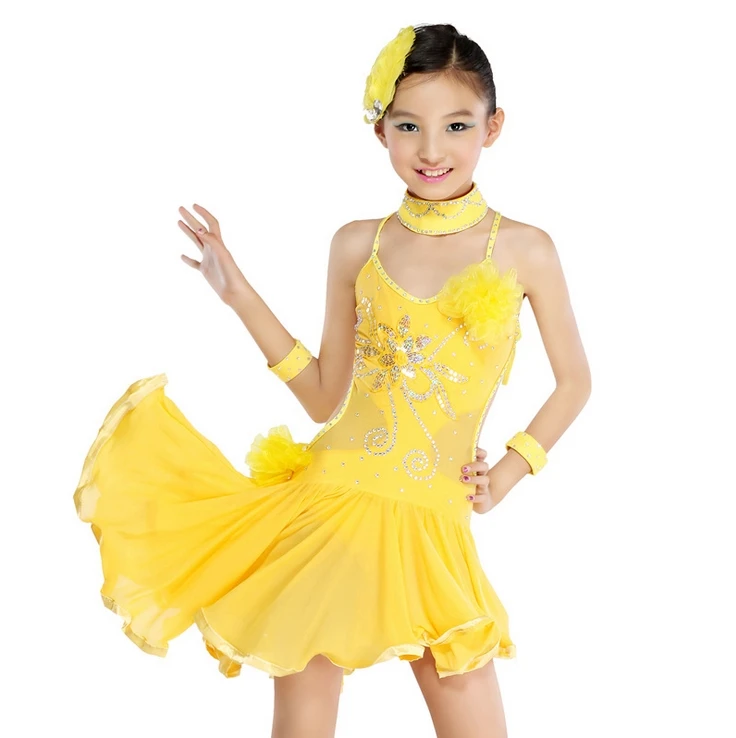 

2016 Yellow/Black Girl Standard Competition Latin Dance Dress Kids Asymmetrical Salsa Skirts 4-15Y Children Diamond Sexy Costume