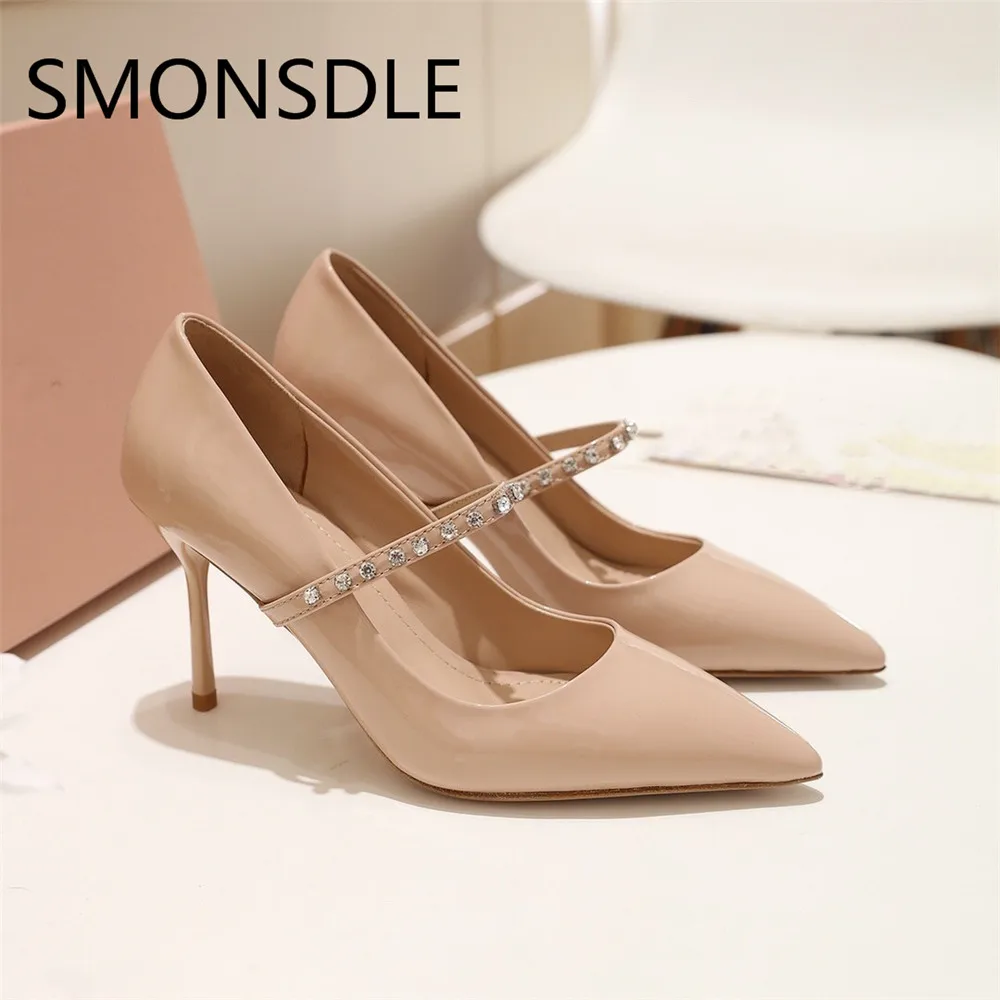 

SMONSDLE Spring Summer Pointed Toe Women Pumps Black Pink Patent Leather Crystal Beading Slip On Thin Heel Pumps Shoes Woman