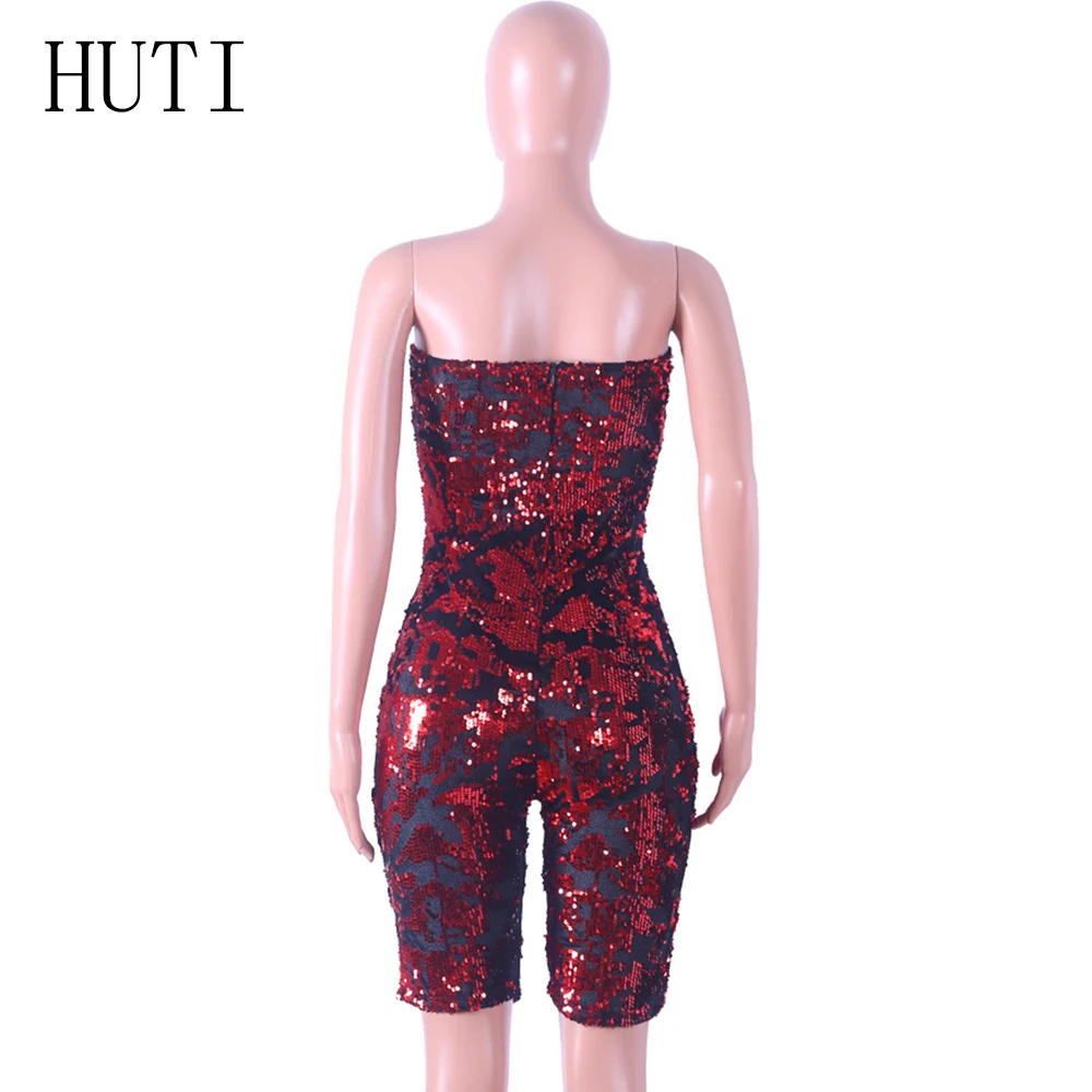 HUTI Strapless Sequins Sexy Playsuits and Jumpsuits Fashion Off Shoulder Skinny Romper Women Backless Women Short Overalls