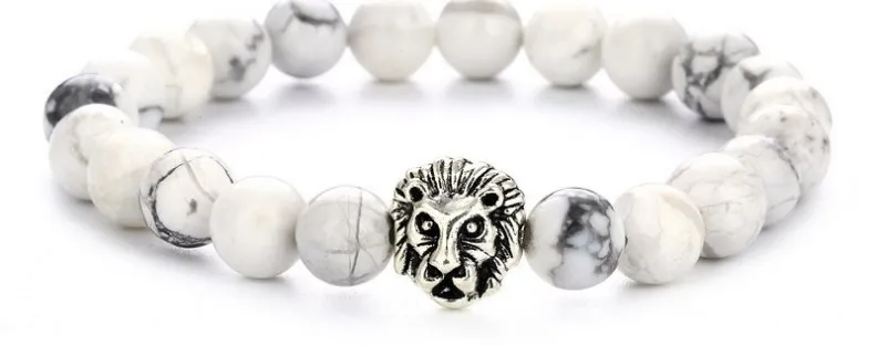

8mm ik453 adjusted Charm white Howlite Bracelet Stone bead essential oils diffuser women Macrame Charm Braided lion head