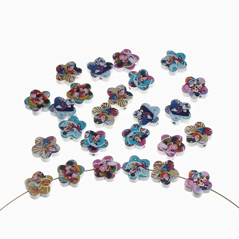 

20mm Flower Shape Wooden Beads 20pcs Mouse Pattern Spacer Beading For Jewelry Making DIY Crafts Baby Toys Pacifier Clip