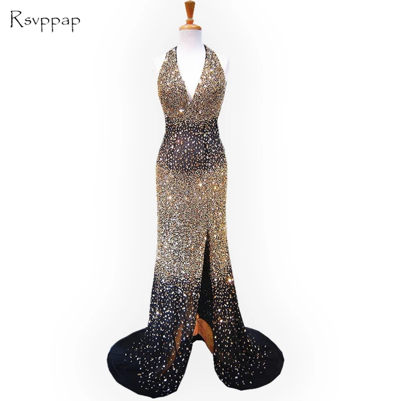 

Luxury Long Evening Dress 2019 Heavy Gold Beaded Crystals V-neck Sleeveless High Slit Black Women African Evening Dresses