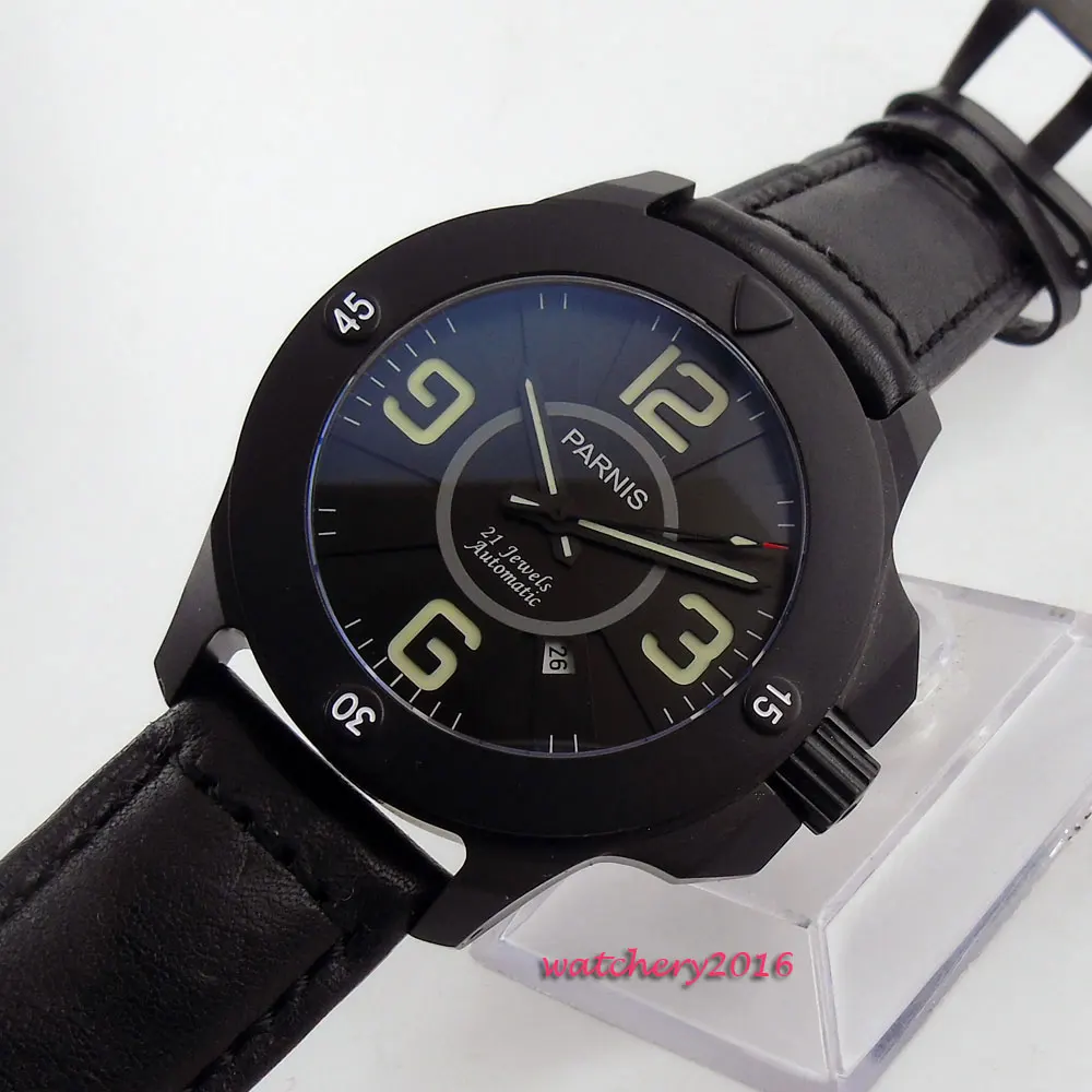 Newest 47mm Parnis black dial sapphire glass Date window PVD Case Luminous Hands 21 jewels Miyota A
