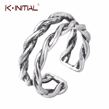 Kinitial 1Pcs 925 Sterling Silver Twisted Rings Punk Twist Cross Ring for Women Wedding Adjustable Finger Round Ring Jewelry