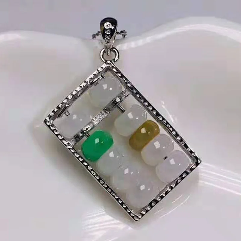 

S925 Silver Jewelry Natural Emerald Jade Abacus Pendant Necklace Drop Shipping Hand-carved Lucky Amulet Necklace Gift