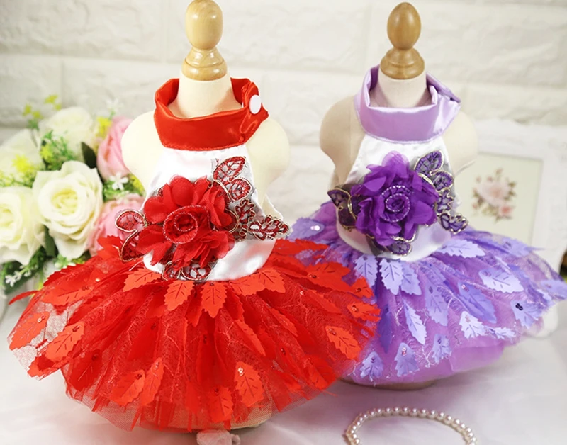 Nuovi Vestiti Primaverili Ed Estivi Pet Fashion Shiny Tree Leaf And Flower Skirt Dog Fancy Wedding Dress For Small Dog