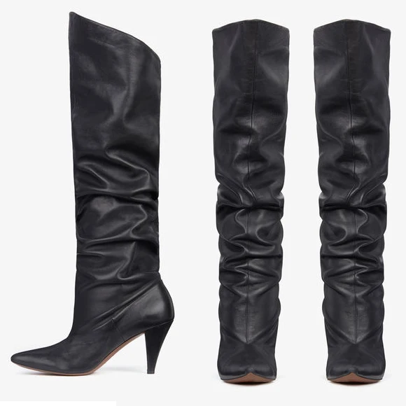 

Pleated Leather Women Over-the-knee Boots Fashion Spike Heel Thigh High Boot Black White Genuine Leather Plus Size Woman Shoes