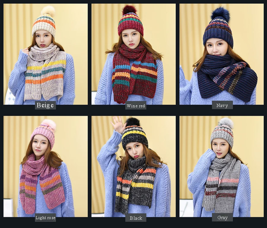 Женская зимняя теплая шапка и шарф, комплект в полоску, модная женская шапка, шарф, набор, однотонный помпон, шапка и шарф, набор для женщин
