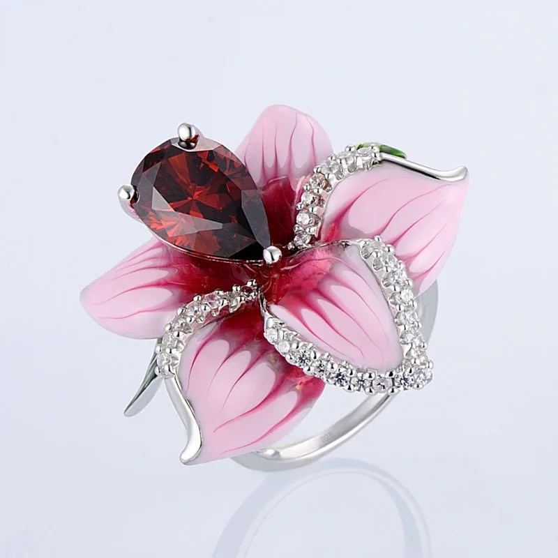 MOONROCY, серебряные кольца с кристаллами, розовый цветок лилии, вечерние кольца, гипербола, Богемия, для женщин, подарок, Прямая поставка, ювелирные изделия