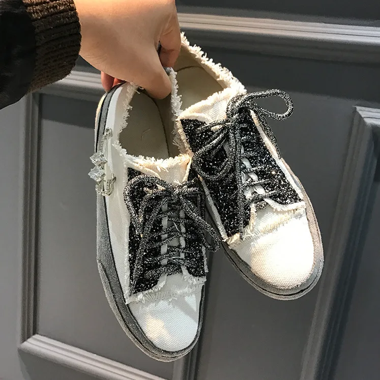 

New old white shoes with canvas sequins rhinestone single shoes women flat comfortable shoes.