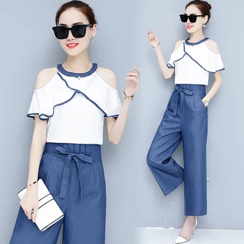 

New 2018 summer suits Korean fashion two-piece clothing set dew shoulder blouse top & high waist wide-legged pants girl outfit