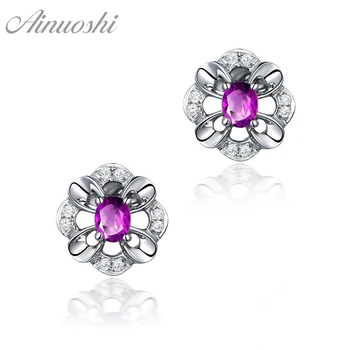 

AINUOSHI Natural Amethyst Flower Earring 1ct Oval Cut Gems Engagement Party Women Jewelry 925 Sterling Silver Stud Earrings