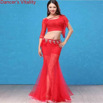

Winter Lady Women Belly Dance Top Ruffled Hem Skirt Set Oriental Indian Dance Competition Practice Clothes Perspective Garments