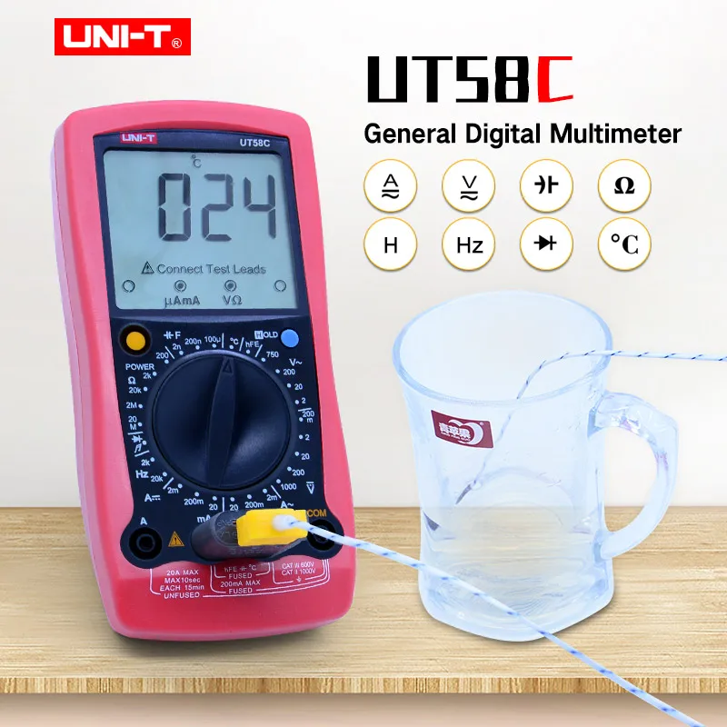 

UNI-T UT58C Digital Multimeter Data hold Manual Range AC DC voltmeter Ammeter ohmmeter Capacitance Frequency Temperature Tester