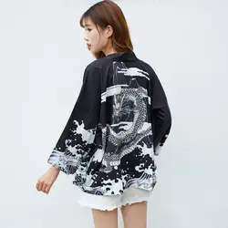 Harajuku Dragon Shirt женское японское кимоно с принтом кимоно кардиган летние топы женские