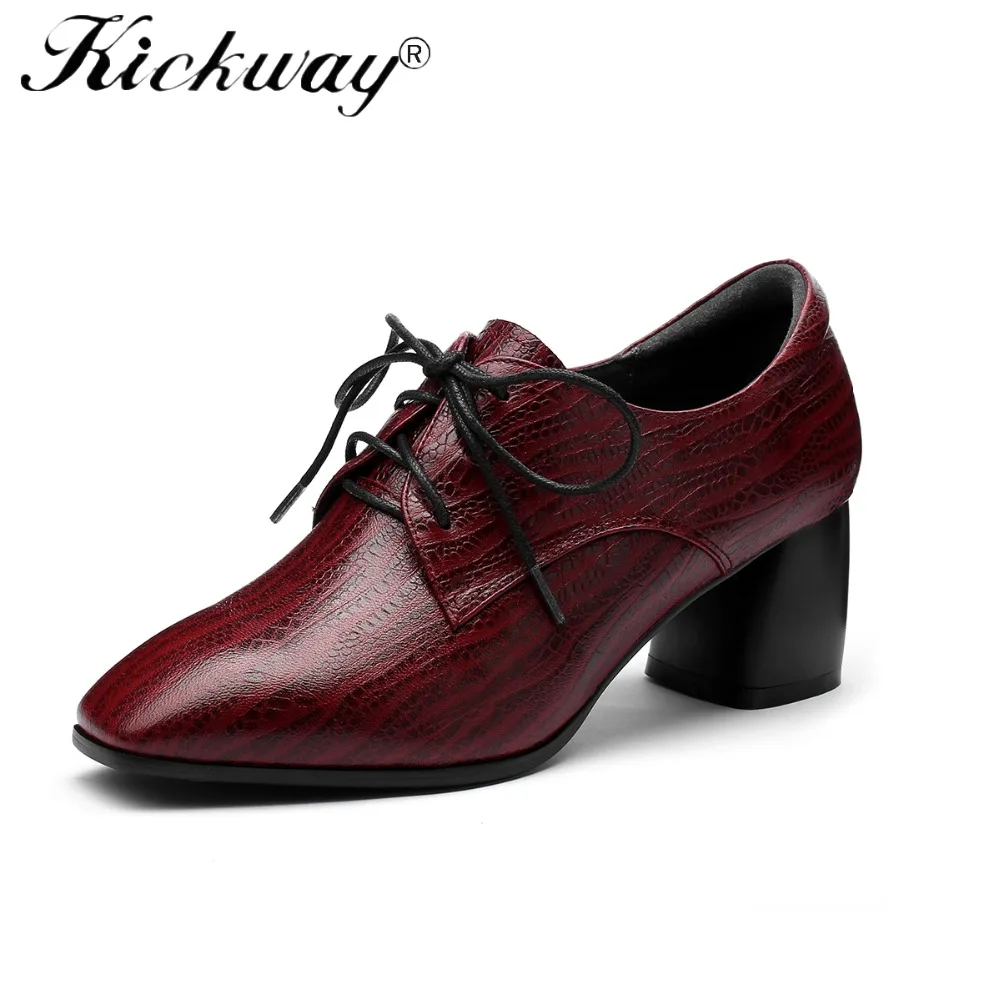 

Kickway 2018 New Women Pumps Genuine Leather High Heel Shoes Genuine Leather Chunky Heels Lace Up Handmade Vintage Style 34-42