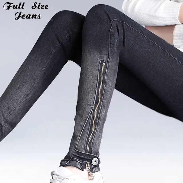 Women Spring Zip Side Hem Gradient Color Pencil Jeans Low Waist Side