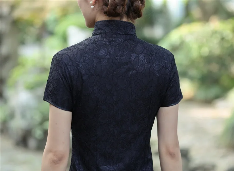 Сексуальная черная кружевная женская летняя блуза с коротким рукавом, китайская винтажная рубашка на пуговицах, воротник-стойка, одежда M L XL XXL XXXL 2520-1
