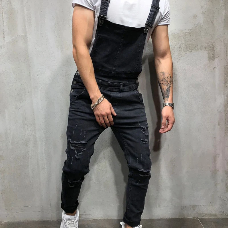 HZIJUE 2019 Fashion men jeans Men's Ripped Jeans Jumpsuits Distressed Denim Bib Overalls For Man Suspender Pants men clothes