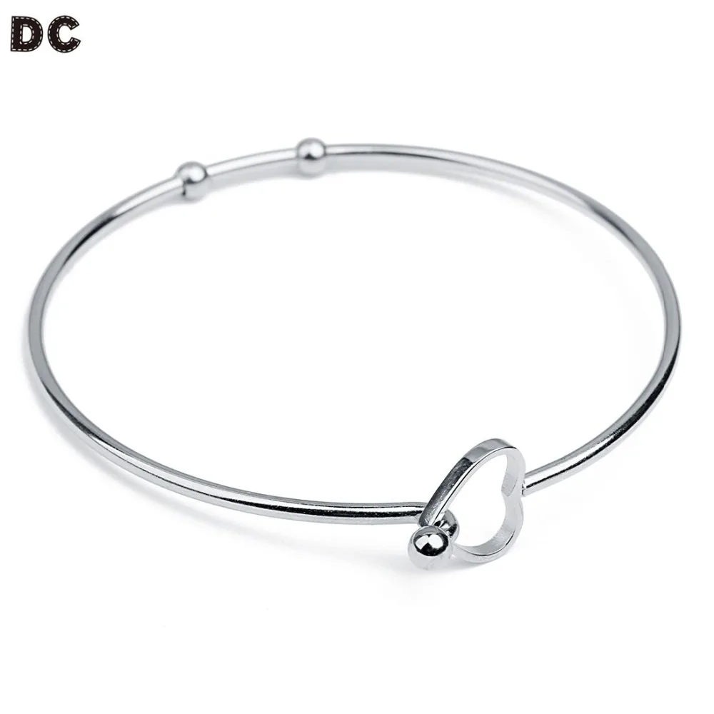 DC 1pc Fashion Stainless Steel Love Heart Wire Bangle Bracelet Female Cute Open Cuff Bracelets