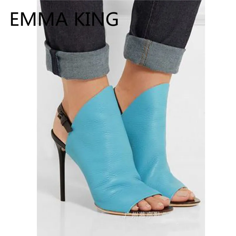 Woman Sandals 2019 Summer Sexy Party High Heels Peep Toe Blue Solid Ladies Runway Slingbacks Shoes Woman Roman Gladiator Sandals