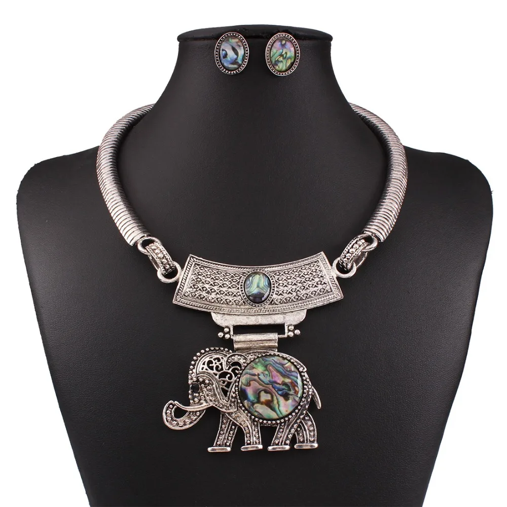 

Boho Statement Jewelry Set Alloy Faux Shell Big Elephant Pendant Necklace Antique Silver Ethnic Tibetan Women Choker Necklace