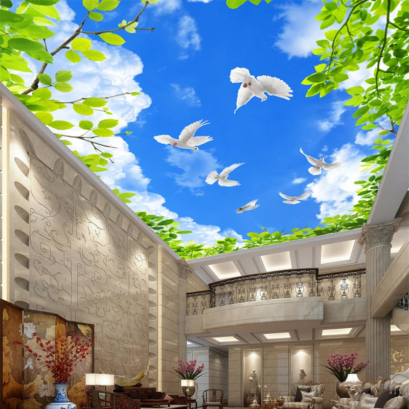 HD голубое небо зеленый лист белые голуби 3D потолочные фрески гостиная тема отель уютный интерьер домашний декор потолочные фото обои