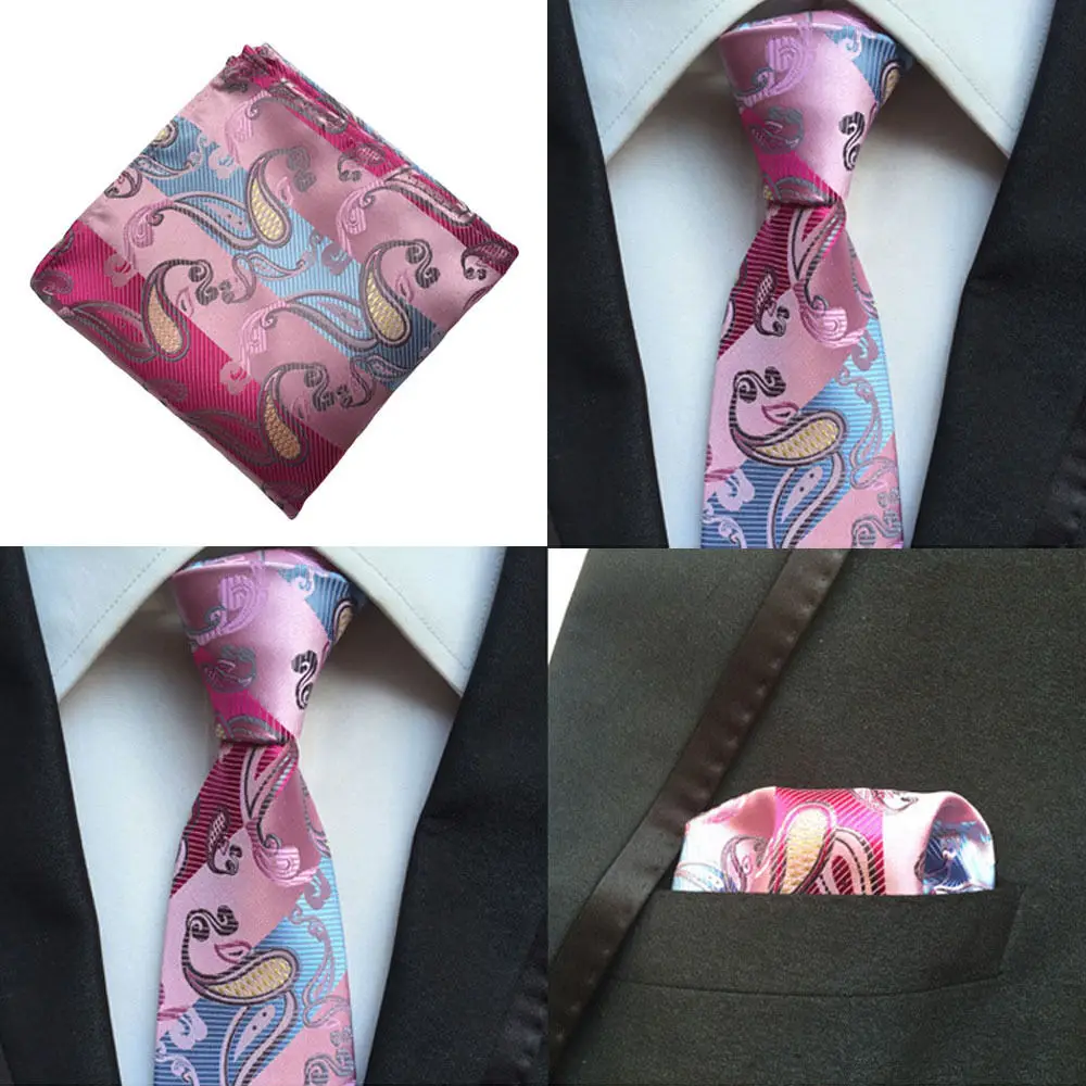 

Men Pink Blue Paisley Flower Ties Pocket Square Handkerchief Set Lot HZTIE0124