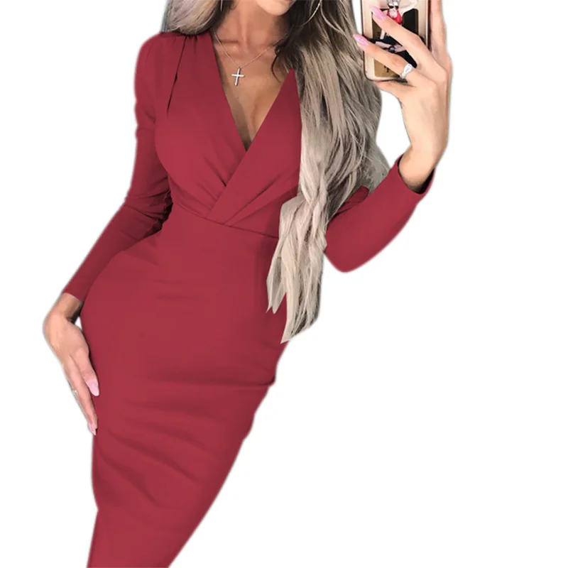Sexy Women Dress Autumn V-Neck Slim Long Sleeve Bodycon Dress Woman Fashion Vestidos Female Lady Clubwear Evening Party Dresses