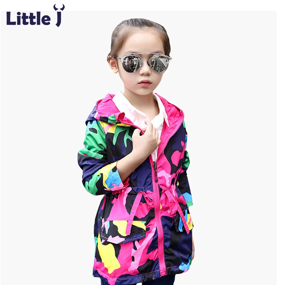 Little J Colorful Camouflage Jacket Girls Waterproof Hooded Belted