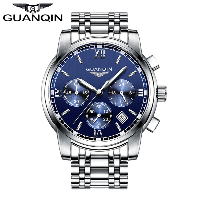 

2017 Mens Watches Top Brand Luxury GUANQIN Three Dial Work Stainless Steel Waterproof Luminous Men's Watches Quartz-watch Men