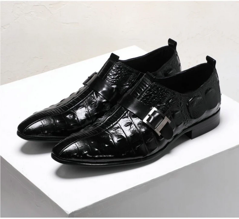 Casual Men Shoes Leather Red Formal Brogue Shoe Buckle Emboss Crocodile Genuine Leathers Mens Loafers Leather Dress Wedding Shoes (9)