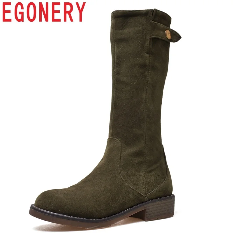 

EGONERY 2019 winter new concise casual round toe med square heel zipper flock mid calf boots three colors outside women shoes